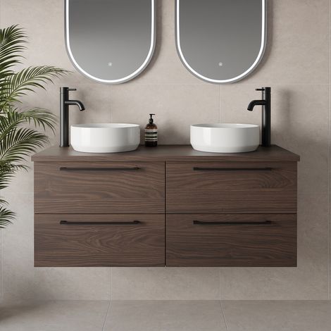 Napoli 460 Brown Oak 1200mm Wall Mounted 4 Drawer Vanity Unit for Countertop Basins - 1200mm - Matt Black 320mm Handle