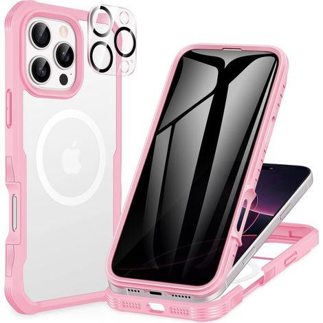 Magnétique Anti Espion Coque iPhone 16 Pro Max, Compatible avec MagSafe intégré Verre Trempé Protection écran et Protecteur Caméra, Antichoc Téléphone Housse Double Face Etui Intégrale -Rose (1/5)