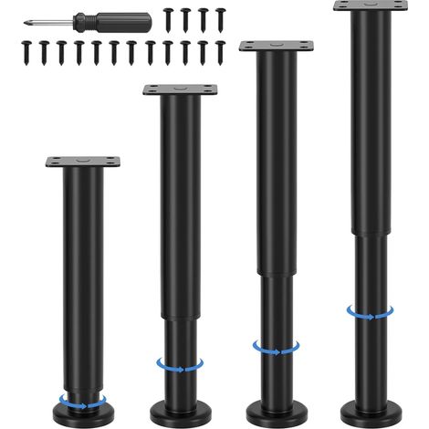 Lot de 4 Pieds de Meubles (avec Vis) - Hauteur Réglable 25-43 cm, Pieds de Support en Métal Noir, Compatibles avec Chaises, Lits, Canapés, Armoires, Divans, Commodes et Tables (1/5)