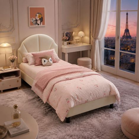 Lit enfant capitonné 90x200 cm en velours beige