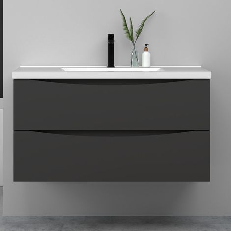 Meuble de salle de bain suspendu 100cm avec simple vasque + 2 tiroirs, Anthracite