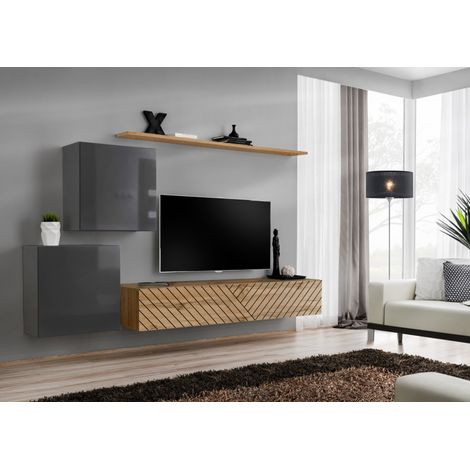 Ensemble de 4 meubles muraux "Switch V " pour TV en bois - Gris et Beige - L 250 x H 150 x P 40 cm - Livraison gratuite