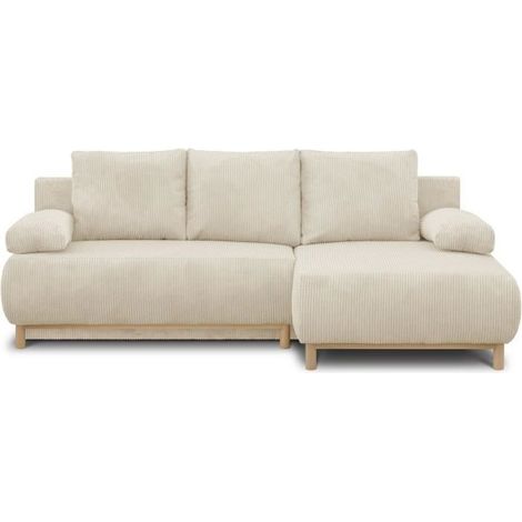 Canapé d'angle droit convertible 3 places – Velours côtelé beige – Coffre de rangement – Couchage 130 x 210 cm – Dimensions L218 x P98/145 x H84 cm (1/6)
