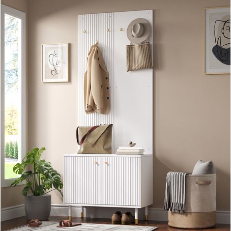 Mobile da ingresso, 70x35x180 cm, con scarpiera a 2 ante, 6 ganci e ripiano superiore, in MDF/PB bianco. (1/5)