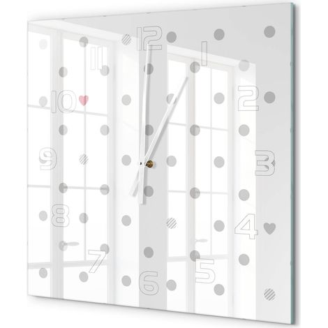 Grande Horloge Murale Carrée Originale Verre Trempé Décoration Maison Moderne Pois et cœurs 60x60 cm (1/5)