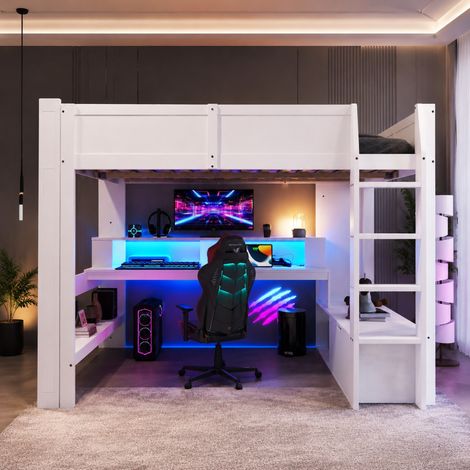Letto a soppalco 140x200 cm in legno bianco con scrivania, cameretta - MEUBLIV (1/5)