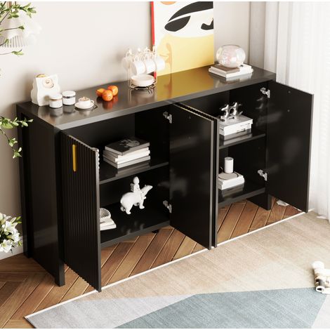 Meuble rangement buffet noir grand 140 cm bois 4 portes OKMYHOME (1/5)