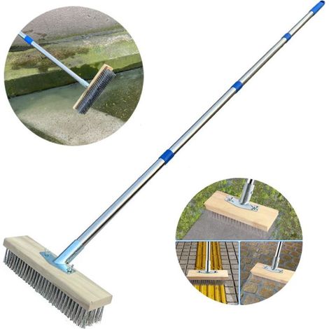 Balai en métal robuste à manche amovible (167 cm), brosse métallique rigide pour éliminer les mauvaises herbes, la mousse et les taches tenaces, balai à poils pour patio, terrasse et jardin (1/5)