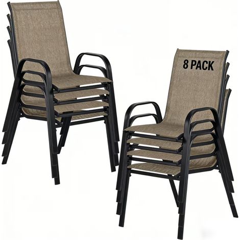 Lot de 8 Chaises de Jardin Fauteuils Chaises de Salle à Manger à Dossier Haut Empilables Structure Métallique Ergonomiques Charge Max 135 kg pour Jardin et Terrasse Marron