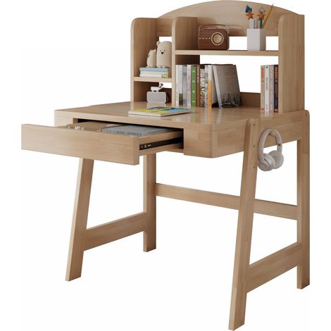 Escritorio infantil regulable en altura de madera color natural con cajón, estantes y gancho HOMVRA (1/5)