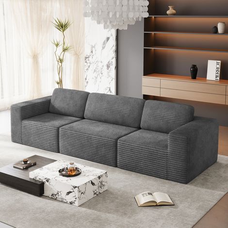 Canapé Modulaire Compressé 3 Places Velours Côtelé,Confort avec Mousse à Haut Retour Élastique,Sans Assemblage,303x101x82cm,Gris