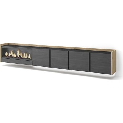 Skraut Home - Mueble TV, Televisión, Muebles de salón, almacenaje, 315x35x50cm, Para TV hasta 80", Chimenea eléctrica XXL, Colgado, Suspendido, LED, Estilo Moderno, Negro y roble (1/5)