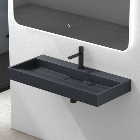 Mai & Mai Lavabo Suspendu Gris Noir Mat 100x46x11cm Vasque à Poser Rectangulaire avec Perçage pour Robinet avec Bonde et Cache Bonde Col19