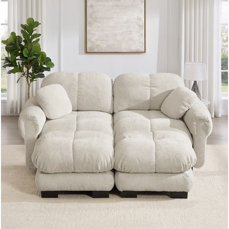 Modulares 2-Sitzer Sofa hellkhaki aus Chenille mit beweglicher Ottomane und Steppdetails (1/5)