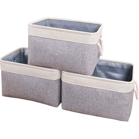 Set of 3 Collapsible Storage Baskets, Collapsible Storage Bins with Rope Handles, Closet Organizer, for Sorting Clothes, Books, Toys, Beige/Gray, SNK004WGM (1/5)
