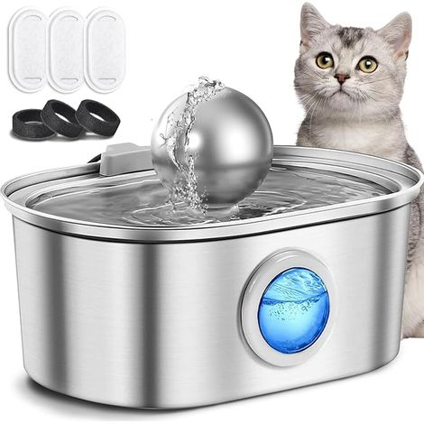 3.2L Fontaine à Eau pour Animaux de Compagnie en Acier Inoxydable, Fontaine à Eau pour Chat Ultra Silencieuse avec Lumière LED, Filtration Multiple, 3 Pièces Filtre à Charbon+3 Pièces Éponges