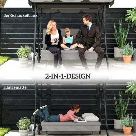 Balancelle Hollywood inclinable avec liseuse, canapé suspendu de jardin avec store, mobilier extérieur gris (1/4)