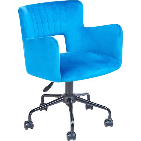 Silla de oficina de terciopelo azul reposabrazos patas de metal Sanilac