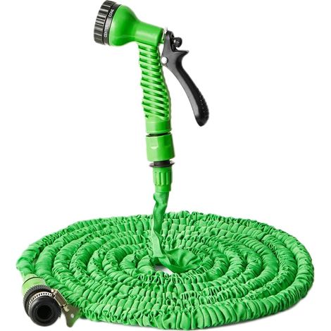 Tuyau d'arrosage extensible flexible avec buse de pulvérisation 7 fonctions, 2 raccords, extensible 3 fois, léger, rangement facile pour jardin, maison, pelouse, voiture (vert, 7,5 m) (1/5)