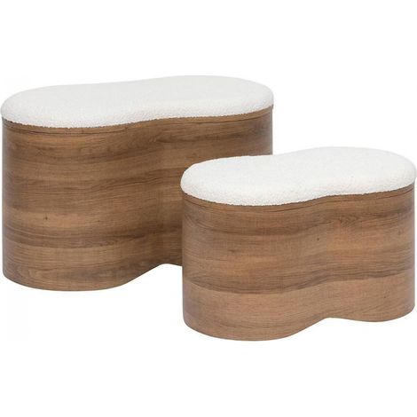 Lot de 2 bancs coffres de rangement en bois et bouclette blanche - Longueur 72 x Profondeur 45 x Hauteur 40,5 cm (1/4)