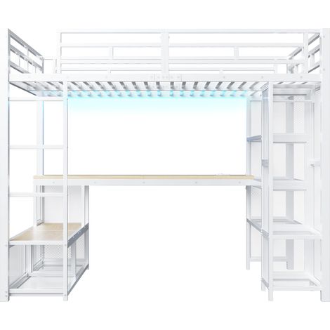 Lit mezzanine en métal 140 x 200 cm blanc avec bureau, rangements et armoire ouverte (1/5)