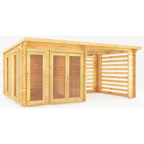 6 x 3 m Studio Pent Log Cabin with Slatted Area - 28 mm - Timber - L333.5 x W590.6 x H249.4 cm - Brown