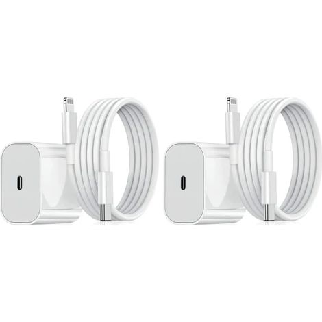 【YD】Lot de 2 chargeurs pour iPhone - Chargeur rapide - Adaptateur + câble de 2 m 20 W Lightning Blanc (20 W) (1/5)