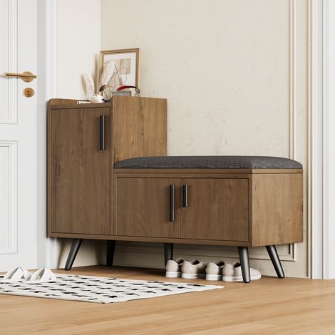 Meuble à chaussures d'entrée 100 x 34 x 68,5 cm avec 3 portes et banc à chaussures, aggloméré, couleur naturel (1/5)