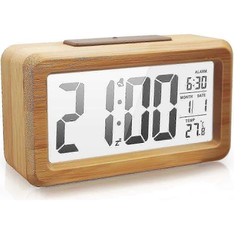 Réveil numérique en bambou avec affichage de la date, du mois, de la température et fonction snooze. (1/5)