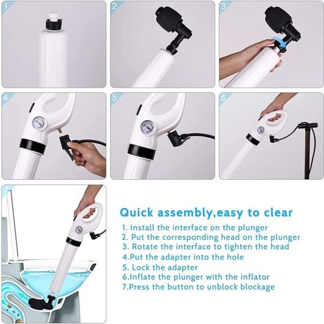 Compressed air toilet plunger, drain cleaners, plungers with barometer, plunger unblocker, toilet with 3 piston heads and inflator, unblocker for toilets, sinks, bathtubs (1/5)