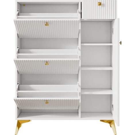 Scarpiera con 3 ante a ribalta, 1 cassetto e 1 anta 90x25x121 cm bianca in truciolare e MDF MODENUIT (1/5)