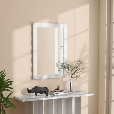 GOPLUS Miroir Mural 106 x 71,5 cm, Miroir Décoratif Rectangulaire, Cadre en Bois d'Hévéa, Miroir de Courtoisie à Suspension Horizontale/Verticale, pour Salle de Bain, Salon, Entrée, Blanc (1/3)