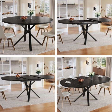 Table Extensible 100-140 cm Table de Cuisine effet marbre format rond mécanisme extensible cadre métal X noir table petit-déjeuner (1/5)