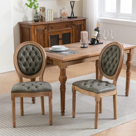 Lot de 2 chaises de salle à manger style campagne française cadre bois dossier ovale capitonné PU vintage garniture cloutée 59,5x49x95cm, vert olive (1/5)