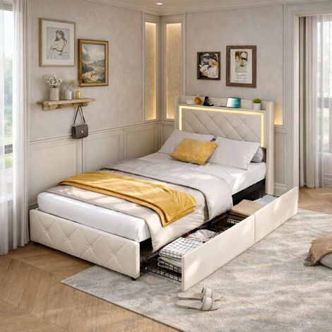 Lit simple 90x200 cm, avec 2 tiroirs de rangement, sommier à lattes en bois, tête de lit avec éclairage LED et port USB, cadre métal et bois massif, velours, beige (1/5)
