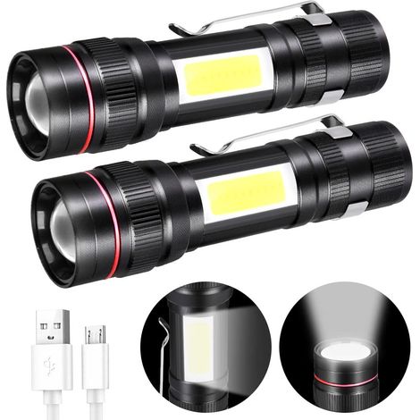 Lampe Torche LED Rechargeable, 800LM Lampe de Poche 3 Modes & Zoomable, Lampe Tactique COB Portable-2 PCS[Classe énergétique A+++] (1/5)
