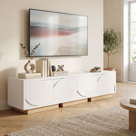 Meuble TV 175 cm pour téléviseur jusqu'à 80 pouces, avec multiprise intégrée et 4 rangements, en bois, style moderne, Blanc (1/5)