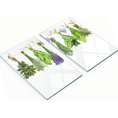 Tablas decorativas de cristal para cortar y servir con hierbas arom谩ticas ensartadas en una cuerda, 2 x 30 x 52 cm.