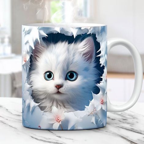 Tasse À Café - Tasse Céramique 3D Chat - Pour Maison Bureau Extérieur - 300-400 ml - Diamètre 8,5 cm Hauteur 9 cm - 1 Pièce (1/5)