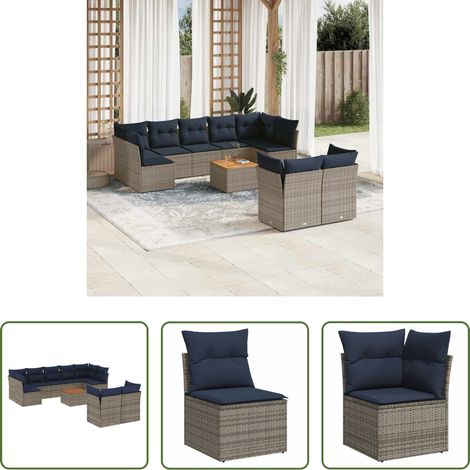 vidaXL Rattanmöbel - 10-tlg. Garten-Sofagarnitur mit Kissen Grau Poly Rattan (1/5)