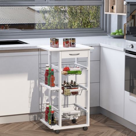 HOMCOM Chariot de service desserte de cuisine à roulettes multi-rangements 3 paniers métal tiroir + 2 range-bouteilles bois pin blanc