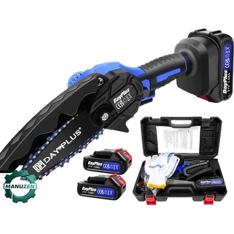 Manuzen - Mini tronçonneuse sans fil 15 cm – 2 batteries 1,5 Ah — Mini tronçonneuse + 2 batteries (1/5)