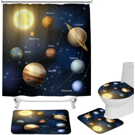 Rideau de douche motif puzzle système solaire et planètes, décoration salle de bain (1/3)