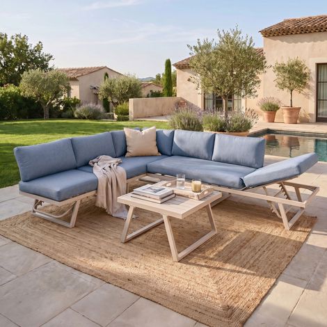 Salon de jardin 6 places modulable en aluminium beige et bleu (1/5)