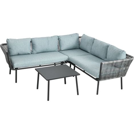 Salon de jardin d'angle 4 pièces avec 2 canapé d'angle 2 places + 1 canapé d'angle 1 place + table basse coussins gris (1/3)