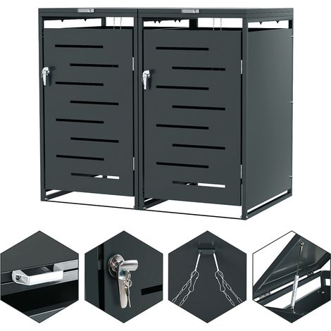 Jiubiaz Juego de 2 cubiertas para contenedores de basura acero inoxidable para cubos 120L y 240L, armario exterior resistente