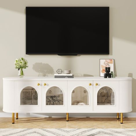 Meuble TV avec rangement 170x40x60, portes vitrées Meuble TV contemporain, accents dorés, passe-câbles intégré (1/5)