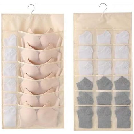 1 range-lingerie et chaussettes suspendu pour armoire, grande capacité, deux faces, beige (1/3)