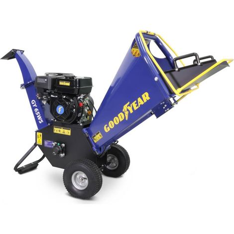 Broyeur de végétaux thermique 6.5CV – Moteur 196 cm³ – Broyage jusqu'à 100 mm – Éjection orientable 360° – Grandes roues pneumatiques – Goodyear