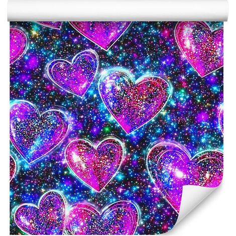 Papel pintado de corazones con purpurina neón en violeta, azul, azul marino y morado, 50x1000 cm. (1/5)